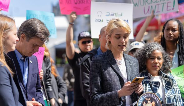 A Model Alliance rallied outside of the Metropolitan Museum of Art in New York City, NY May 1, 2022 for the Fashion Workers Act. A legislation that would regulate predatory management agencies that currently operate without any oversight.